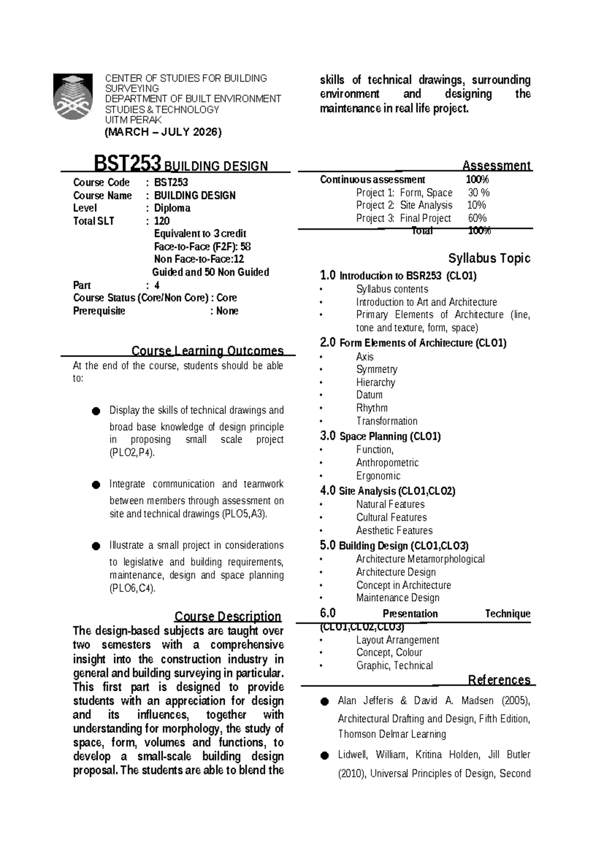BST253 Building Design Course Brief: New Syllabus (Mar-Jul 2026) - Studocu