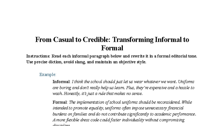 Group Activity on Formal vs Informal Language: Transforming Tone - Studocu