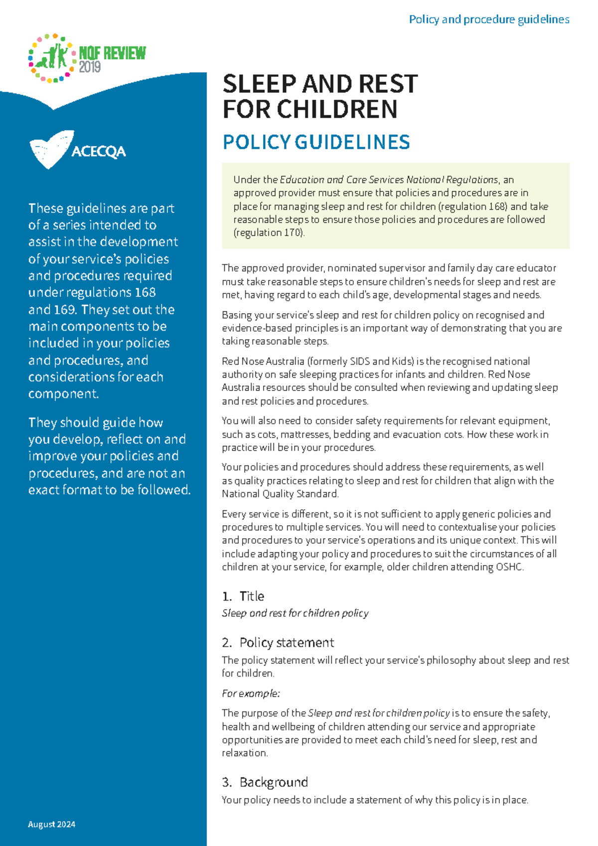 SLEEP AND REST POLICY GUIDELINES FOR CHILDREN - AUGUST 2024 - Studocu