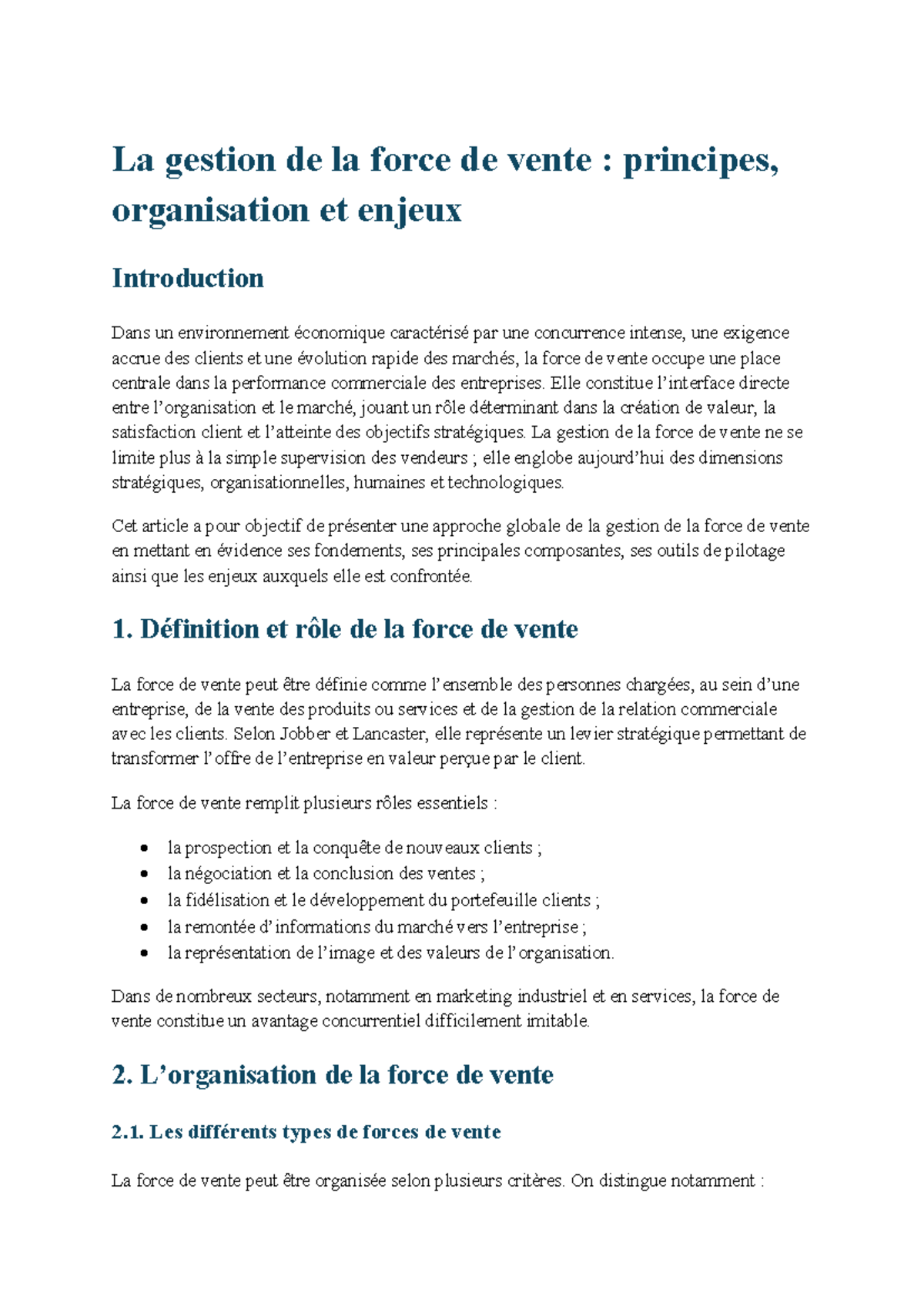 Gestion de la Force de Vente : Principes et Enjeux Stratégiques - Studocu