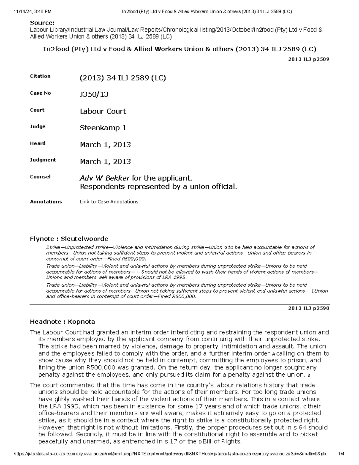 In2food (Pty) Ltd v Food & Allied Workers Union (2013) 34 ILJ 2589 (LC ...
