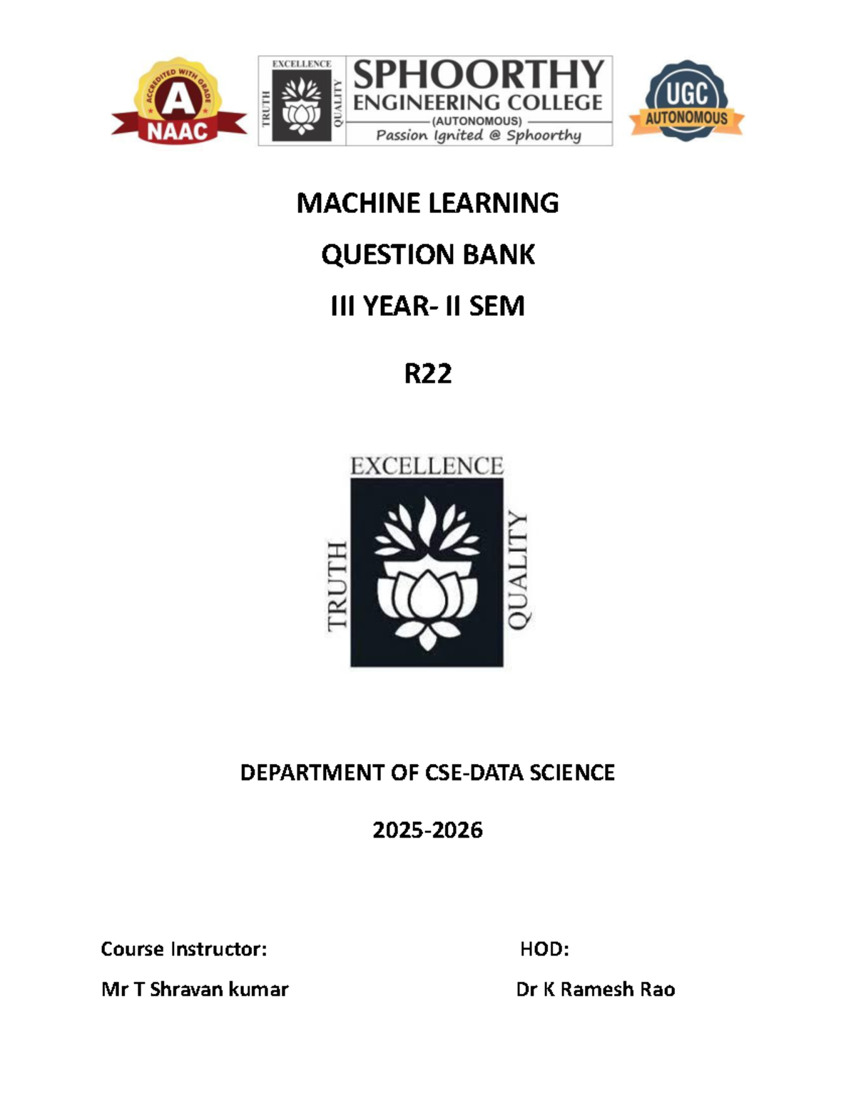 ML Question Bank II SEM R22: Short Answer & Long Answer Qs - Studocu