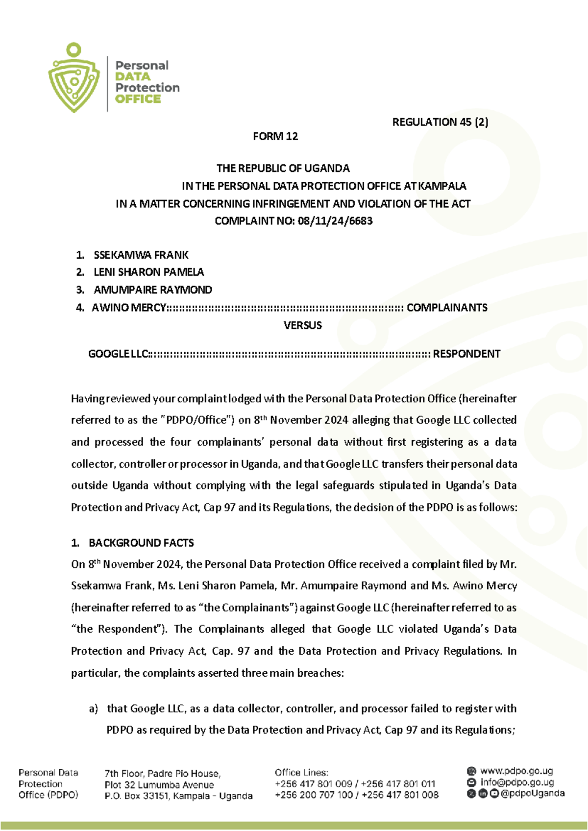 Case Study: Ssekamwa Frank & 3 Ors v Google LLC - Data Protection Violation  - Studocu