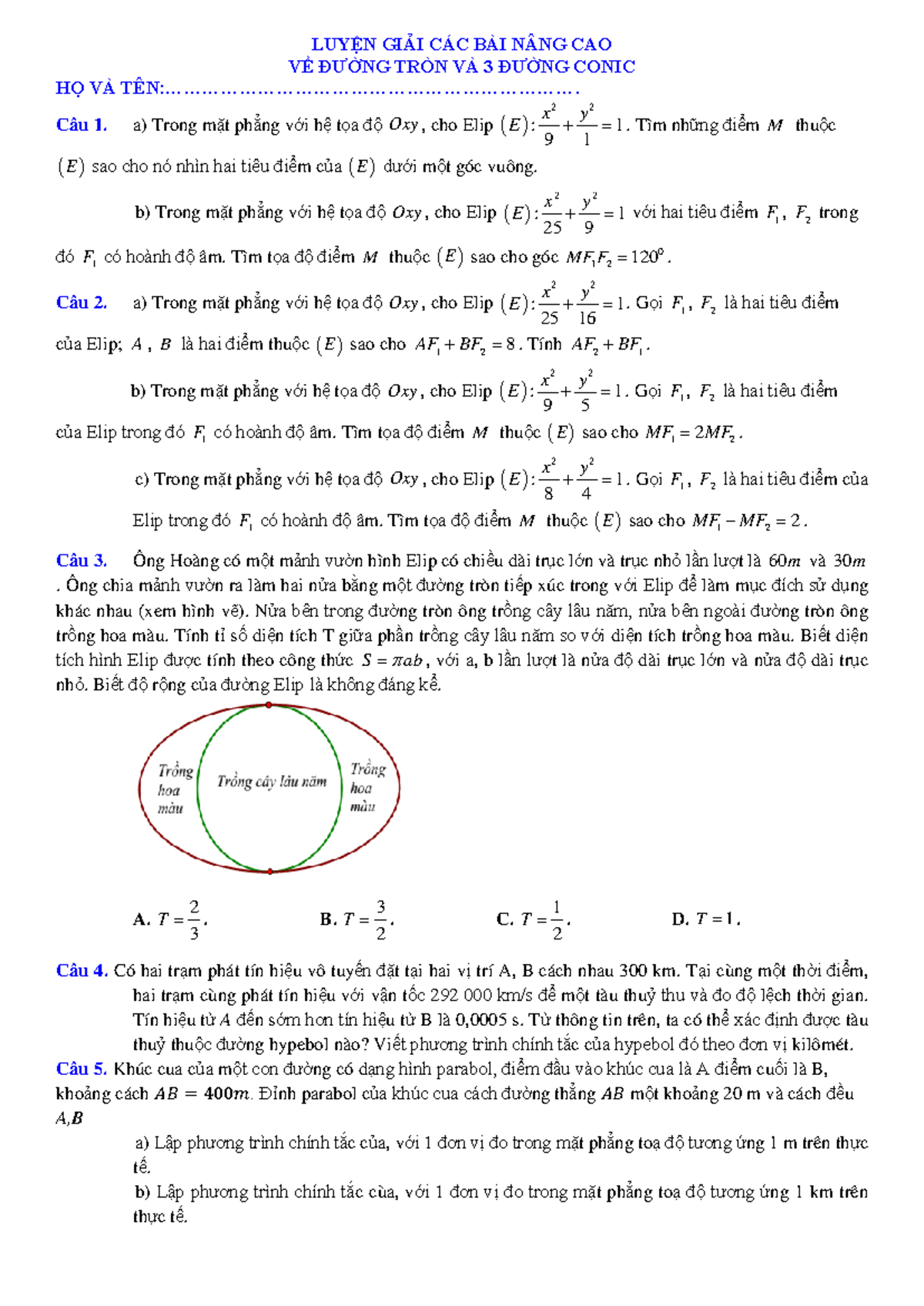 LUYỆN GIẢI NÂNG CAO ĐƯỜNG TRÒN VÀ 3 CONIC (MATH 101) - Studocu