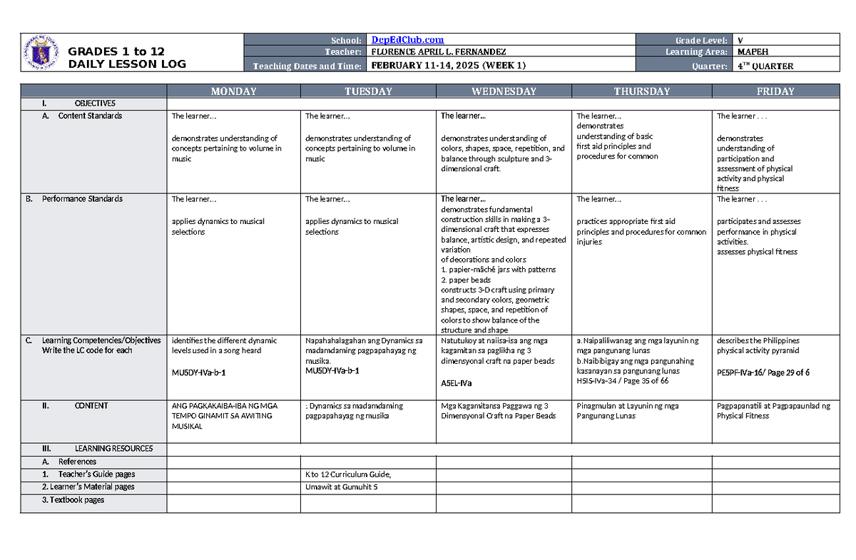 DLL MAPEH 5 Q4 Week 1 - Daily Lesson Log for Teacher Practice - Studocu