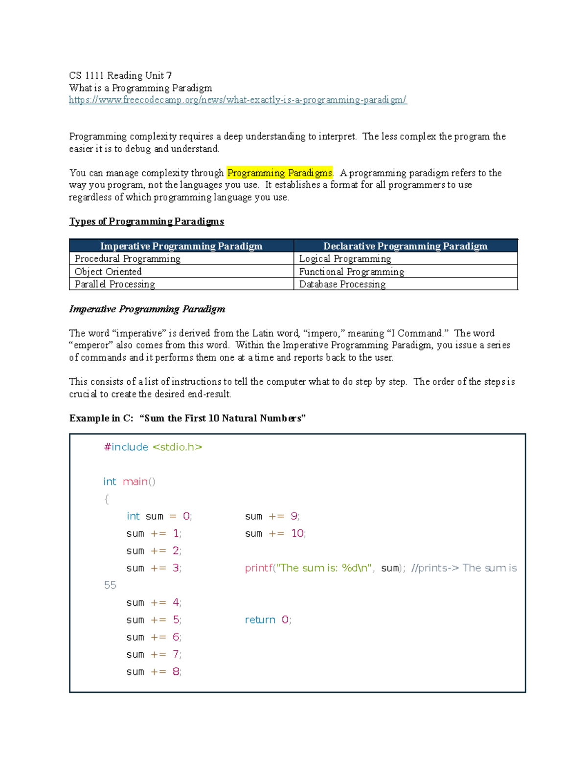 CS 1111-01 Unit 7 Study Notes on Programming Paradigms and Types - Studocu