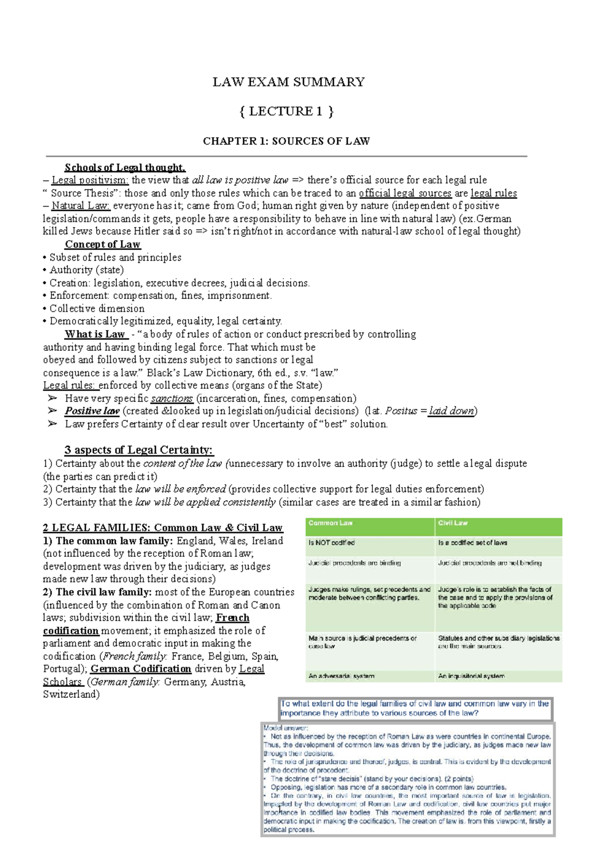 LAW EXAM SUMMARY LECTURE 1 & 2: SOURCES & REASONING OF LAW - Studeersnel
