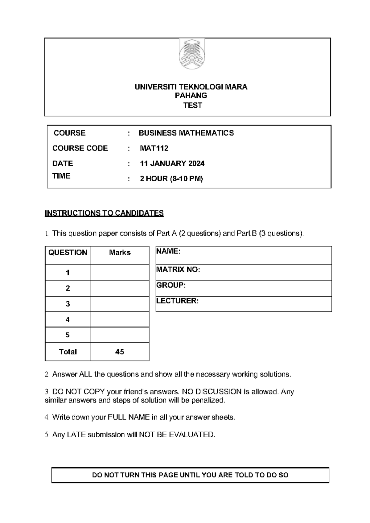 MAT112 Business Mathematics Test - January 2024 Assessment - Studocu