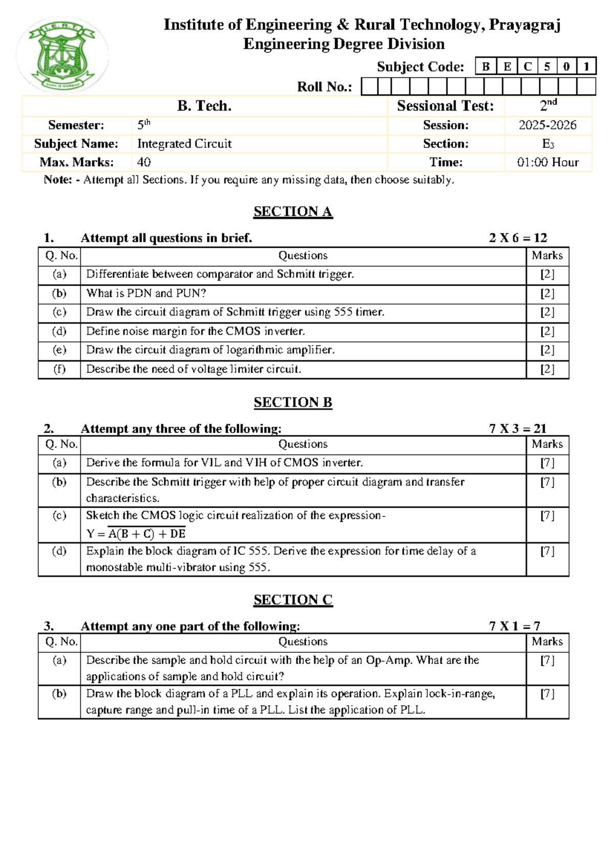 Integrated Circuit Sessional Test: B E C 5 0 - Studocu