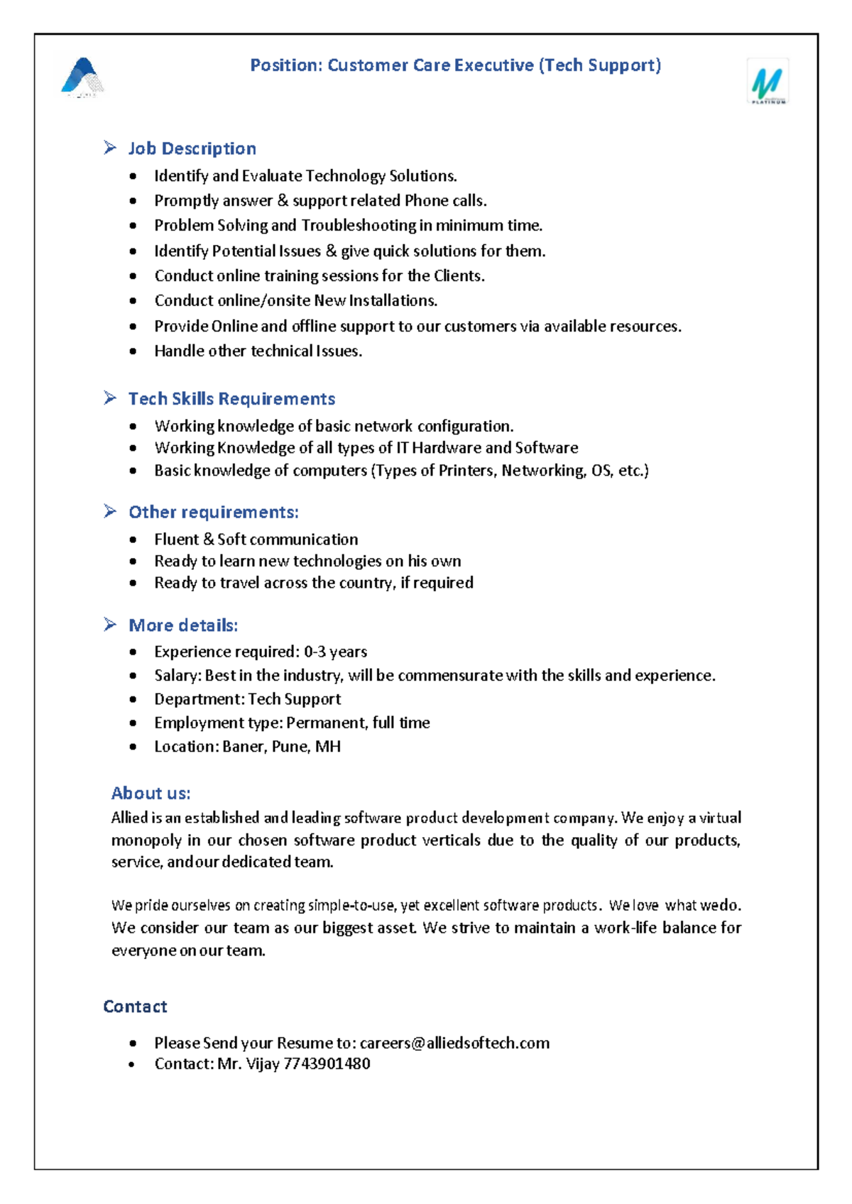 JD Tech Support Internship - Customer Care Executive Position - Studocu