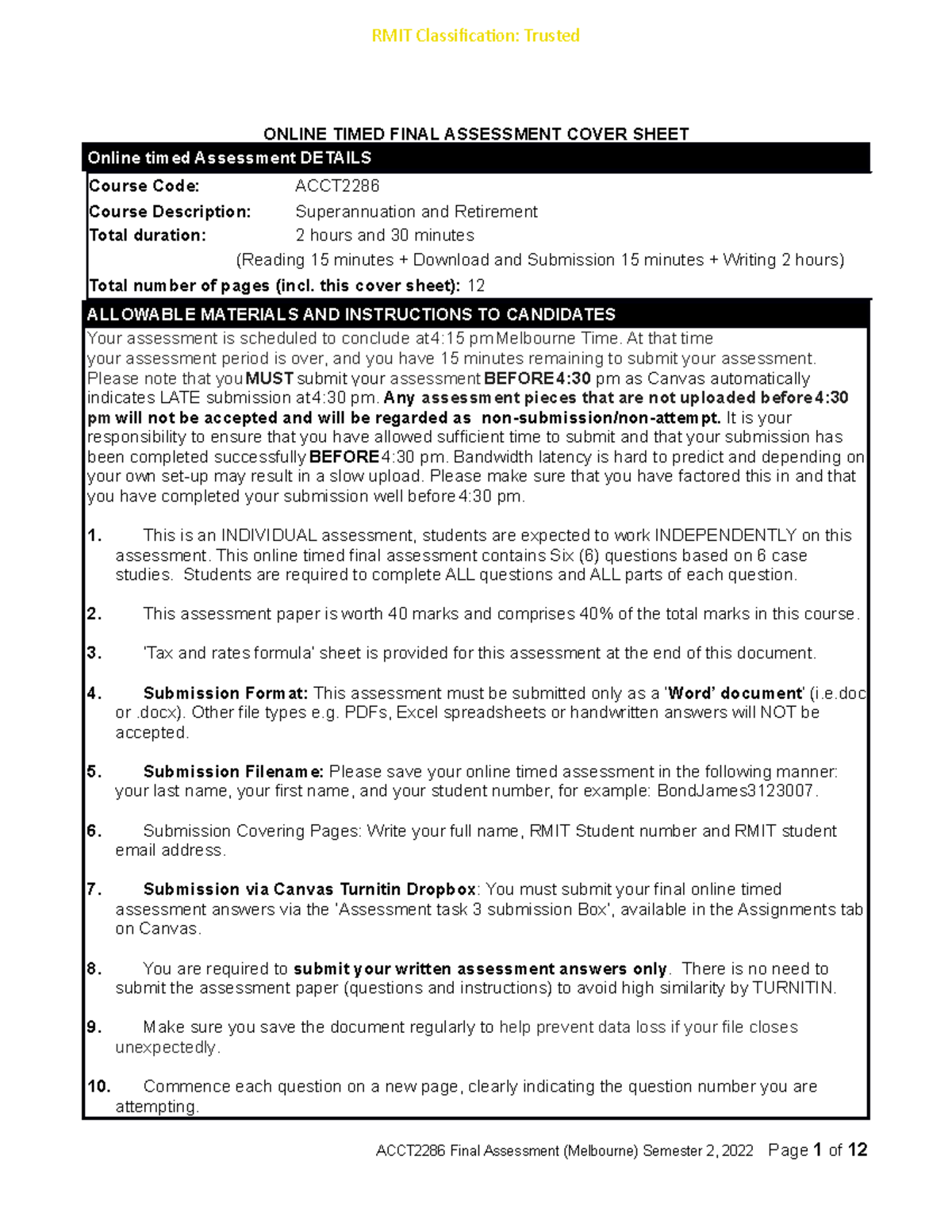 ACCT2286 Final Online Timed Assessment Cover Sheet - 2022s1 - Studocu