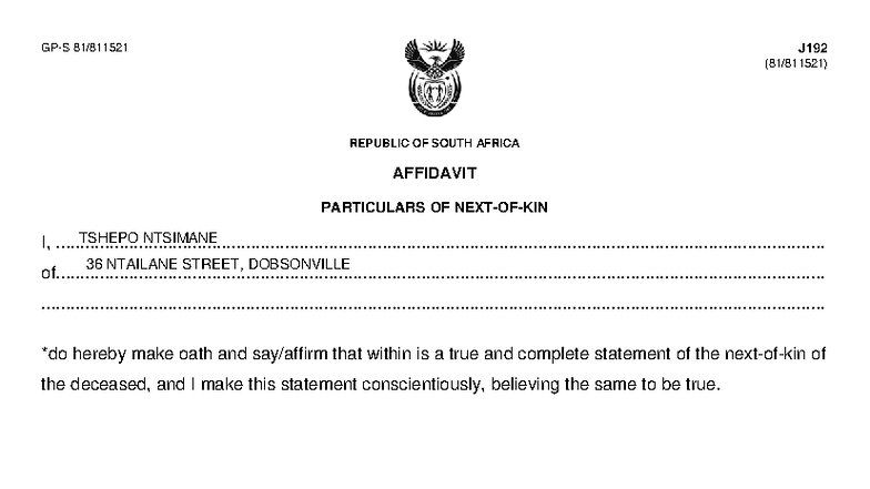 J192 - Next of kin affidavit for Tshepo Ntsimane in South Africa - Studocu