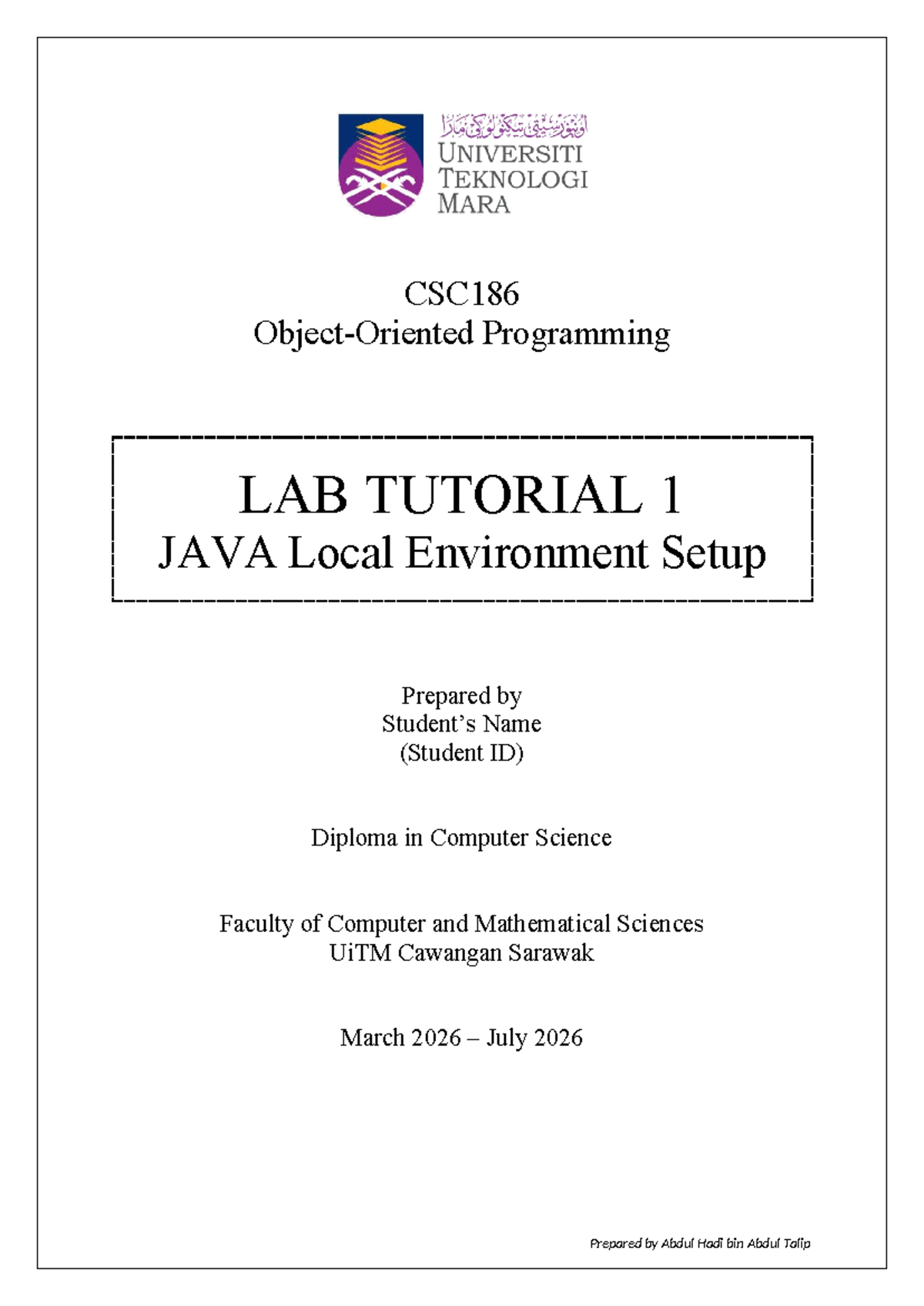 CSC186 Lab Tutorial 1: Java Local Environment Setup Exercise - Studocu