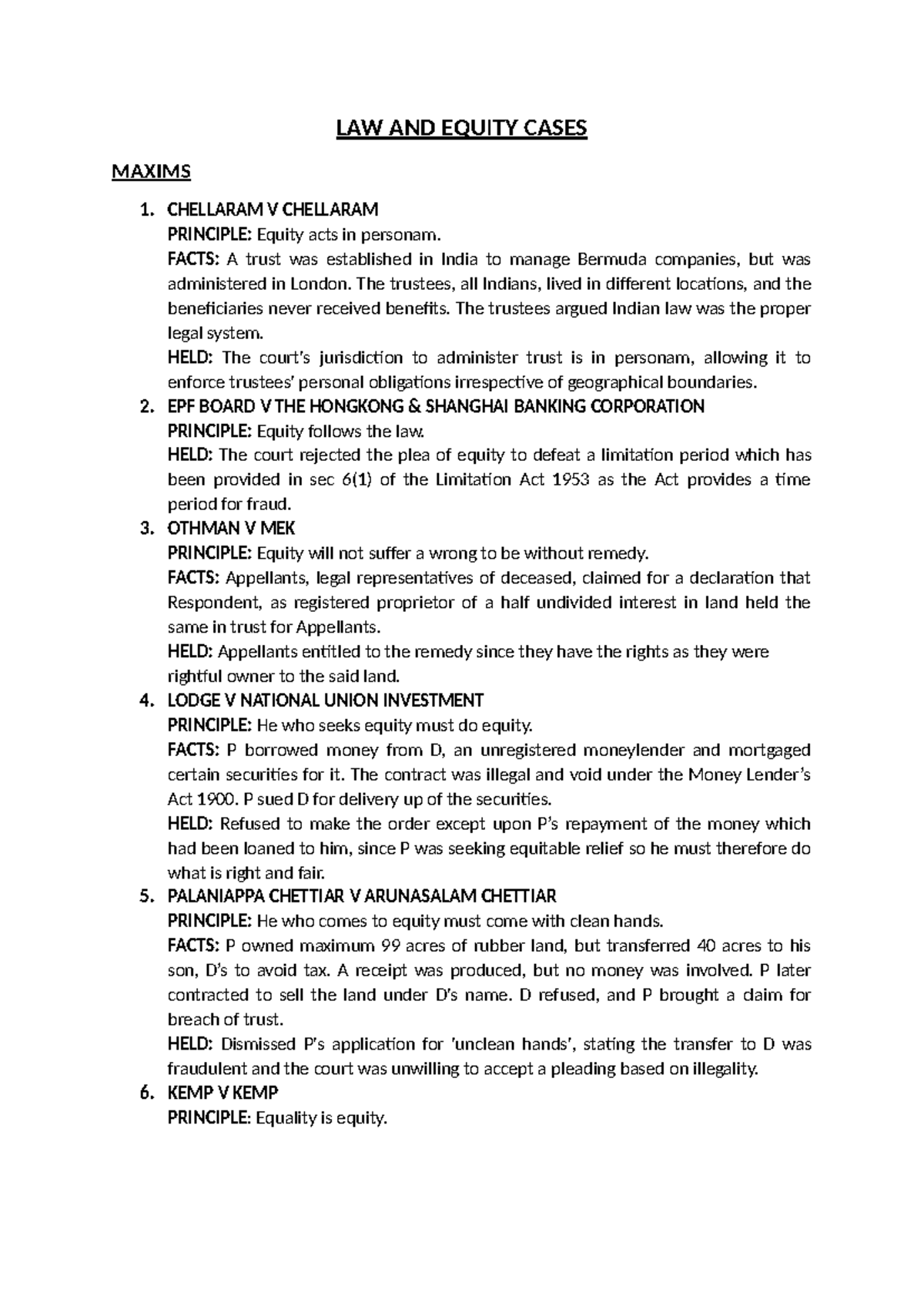 LAW 101: Case Summaries on Equity Principles and Maxims - Studocu