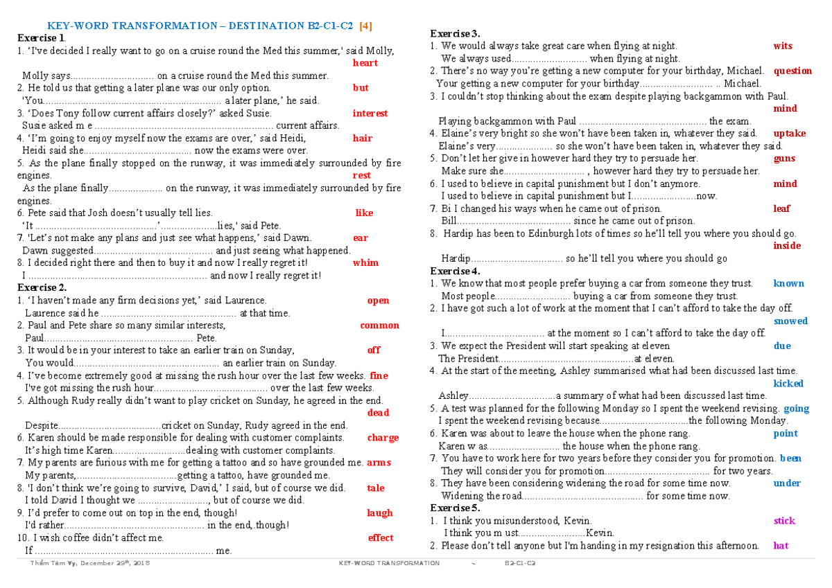 Keyword Transformation Exercises B2-C1-C2 [4] - Document Preview
