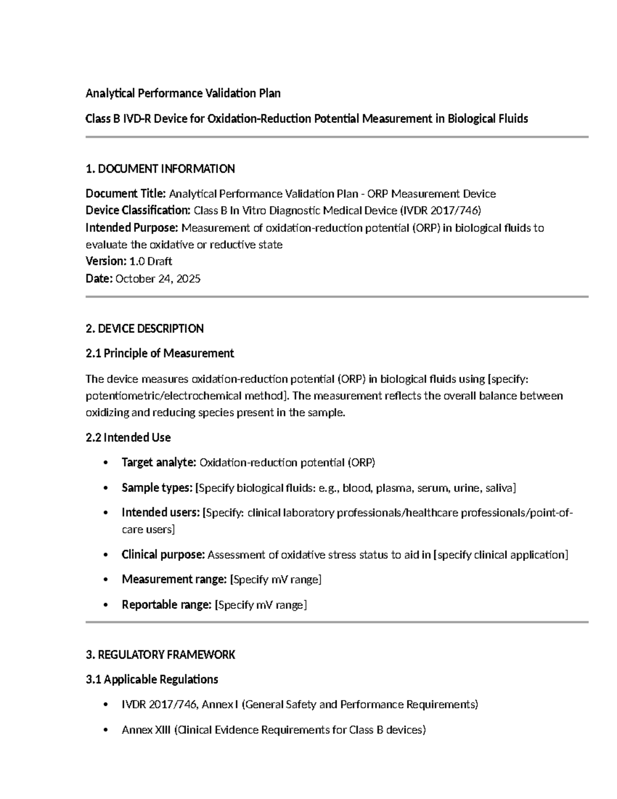 Analytical Performance Validation Plan for Class B ORP Measurement ...
