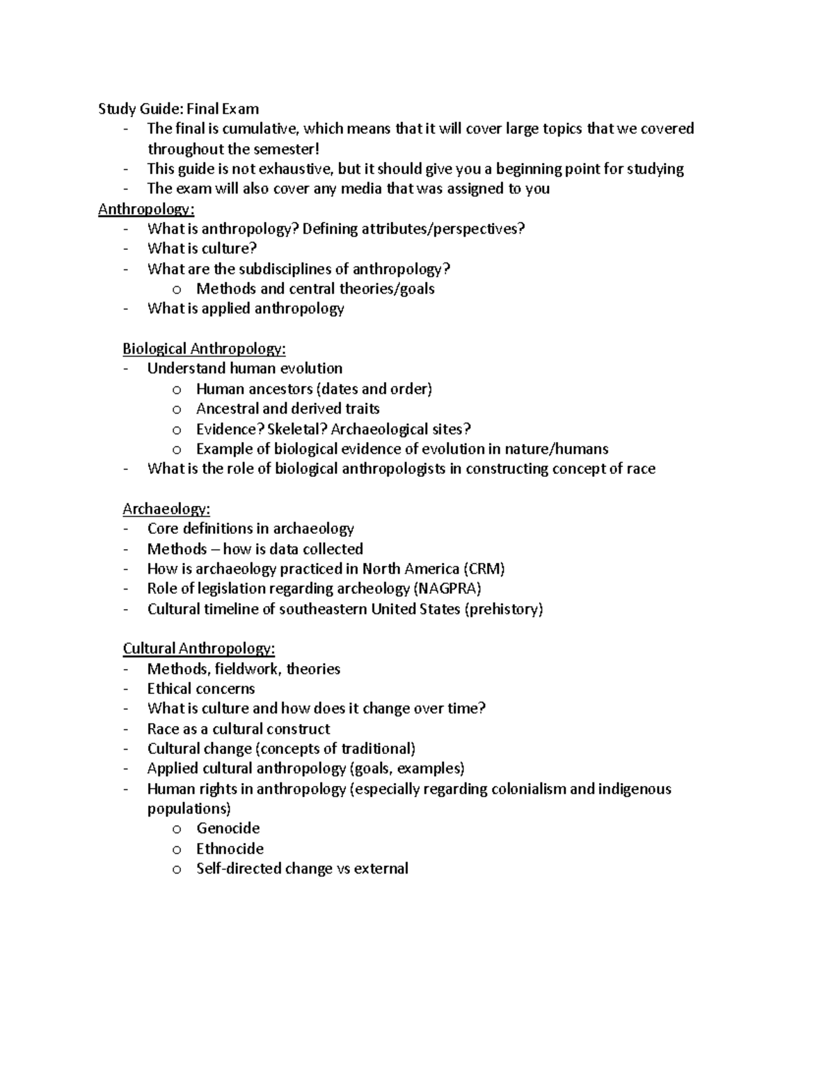 Final Exam Study Guide - Anthropology Overview and Key Topics - Studocu