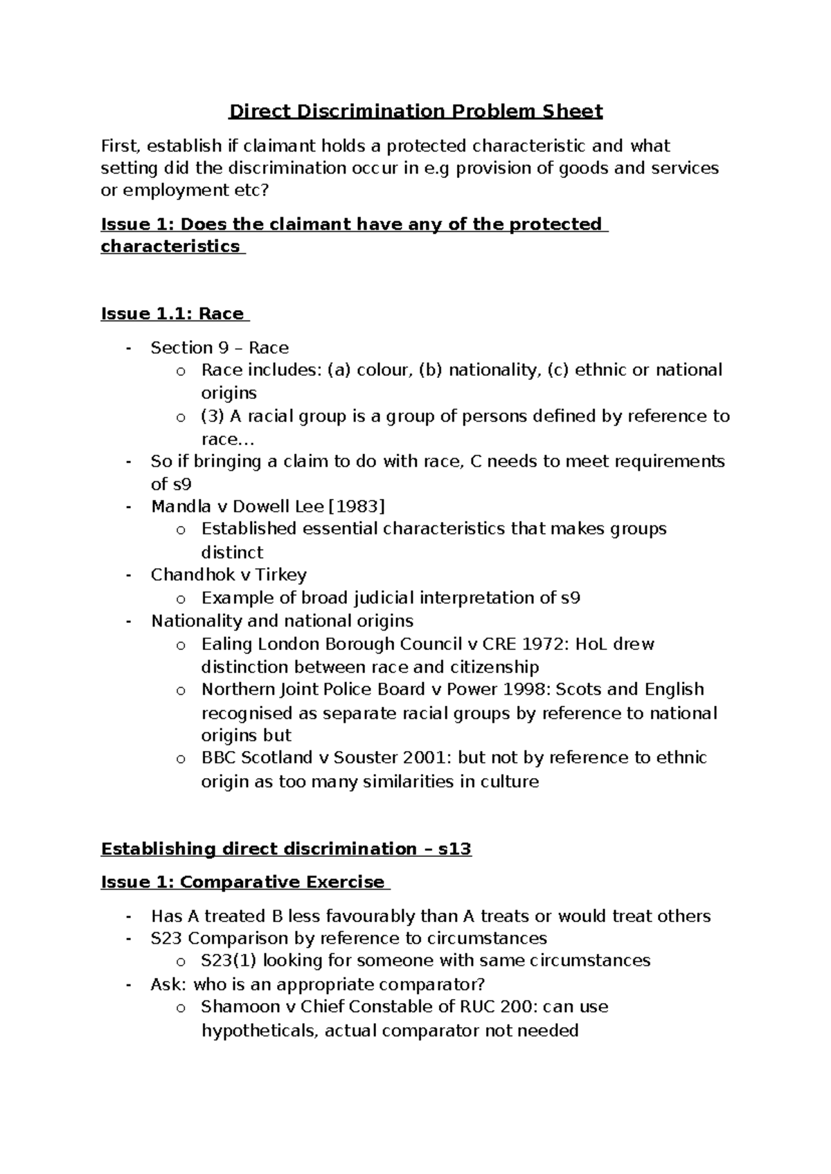 Direct Discrimination Problem Sheet: Analyzing Protected ...