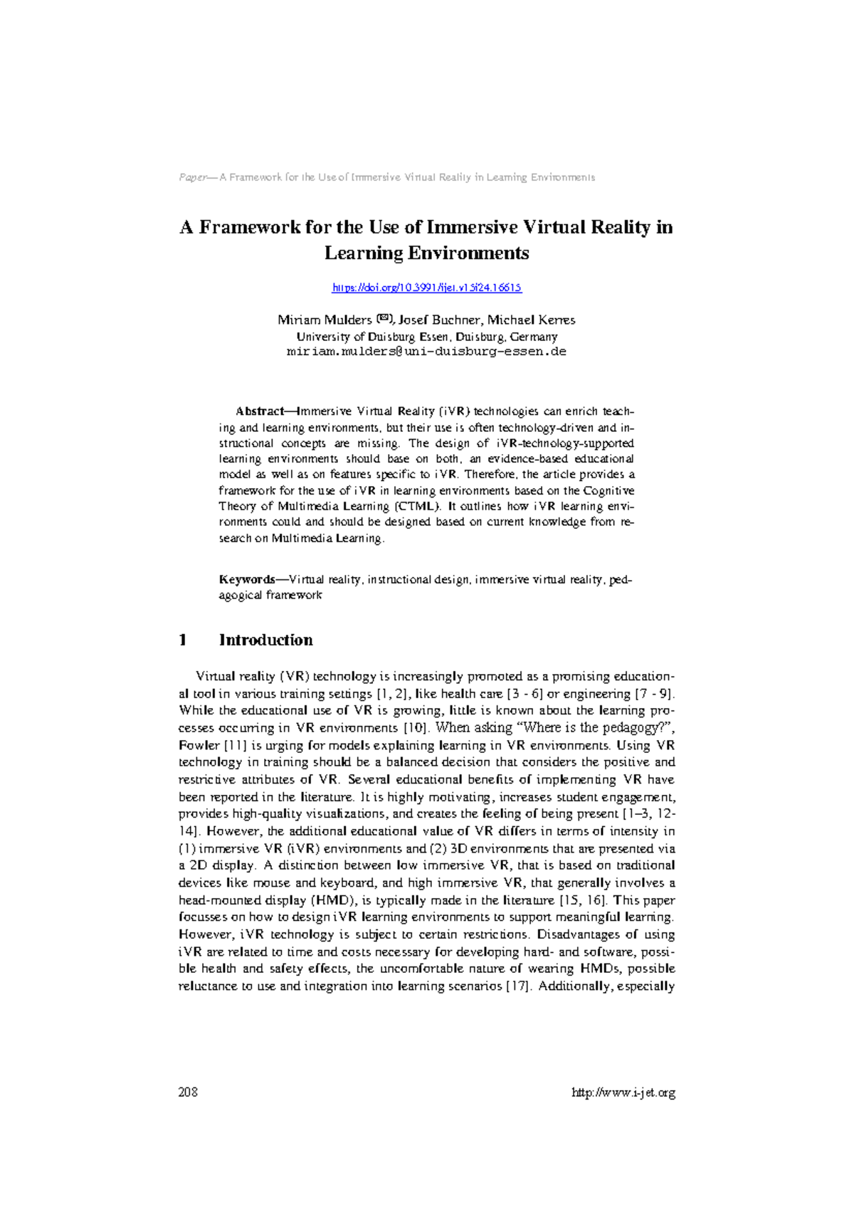Framework for Immersive Virtual Reality in Learning Environments (iJET ...