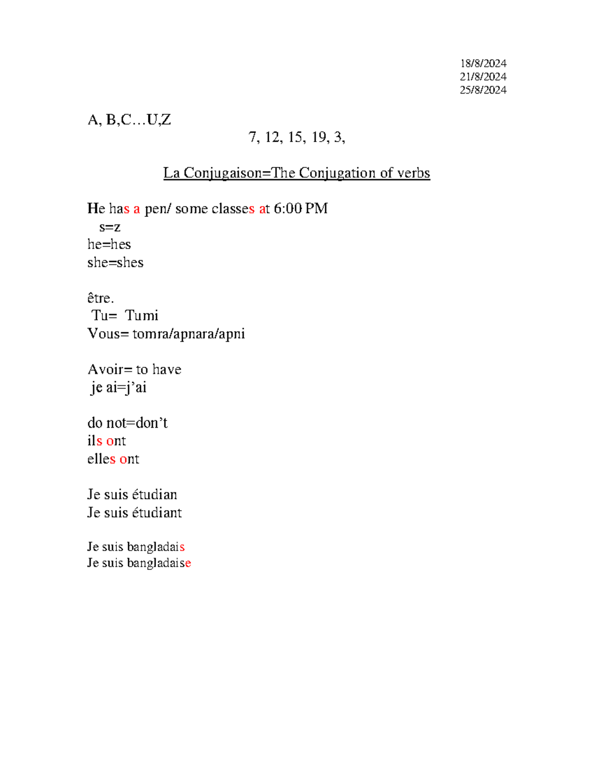 Handout - For basic french - 18/8/ 21/8/ 25/8/ A, B,C..,Z 7, 12, 15, 19 ...