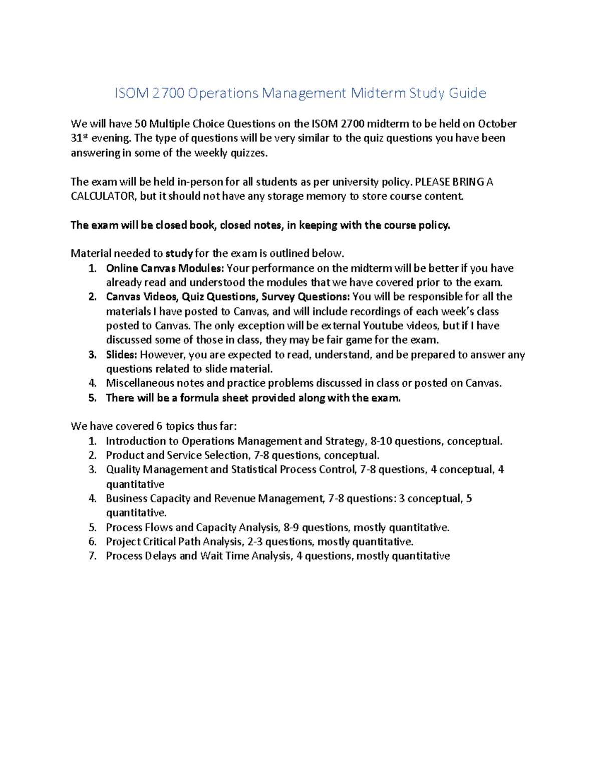 ISOM 2700 Fall 2025 Midterm Exam Study Guide - Studocu