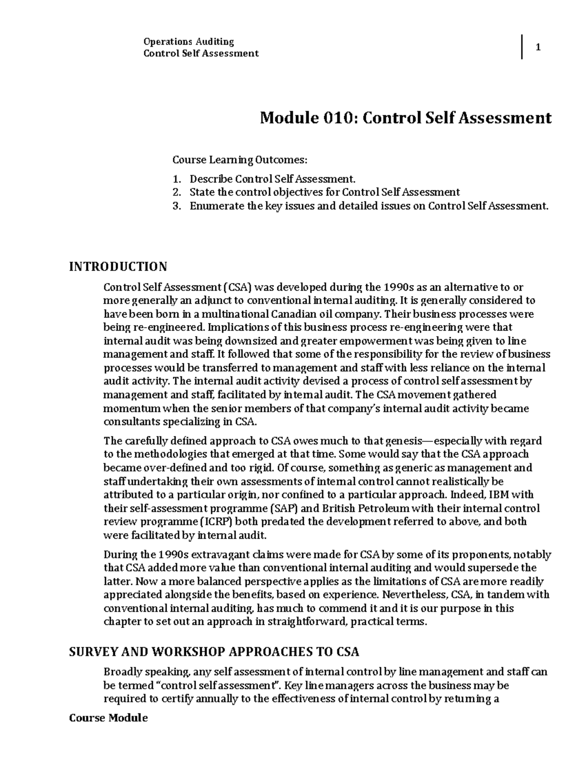 Operations Auditing: Control Self Assessment - Module 010 Overview ...