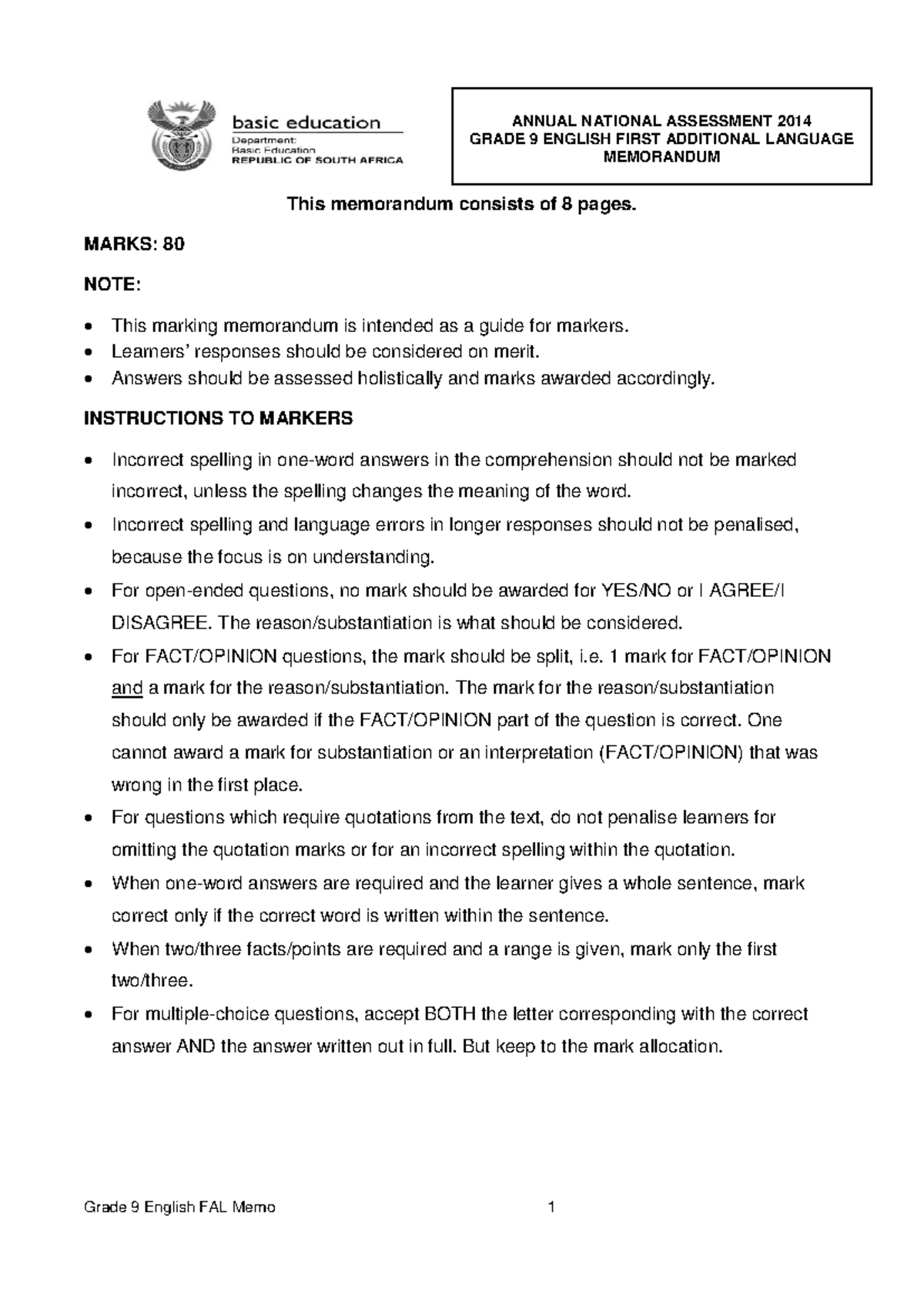 2014 ANA Grade 9 English FAL Marking Memorandum Guide - Studocu
