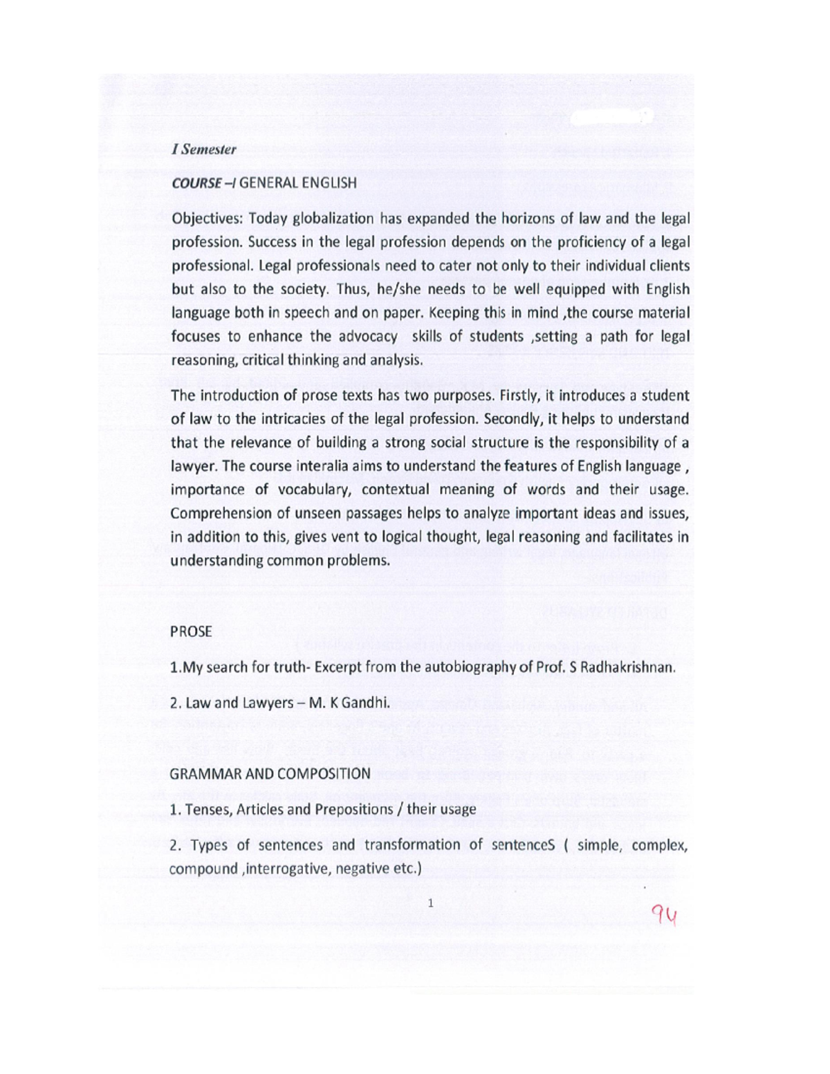 1yr BA LLB - English Syllabus - I Semester COURSE GENERAL ENGLISH ...