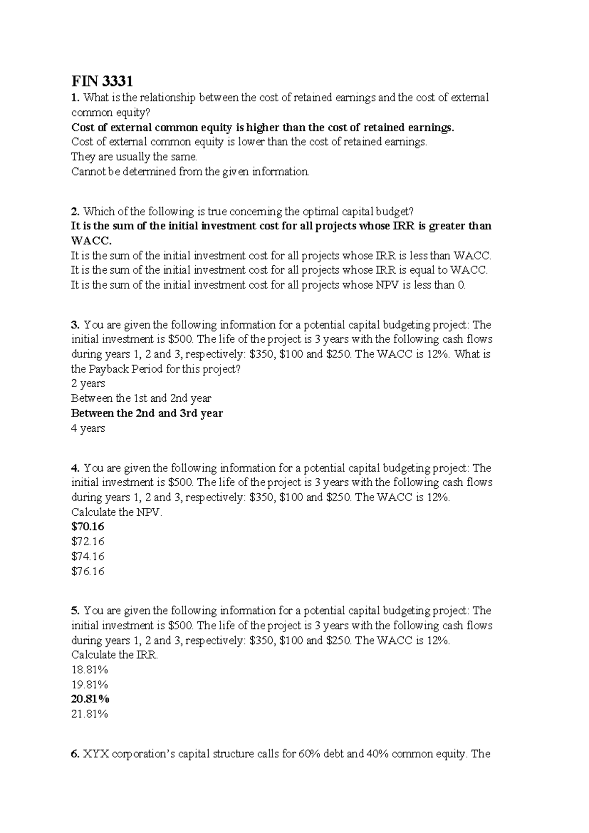 FIN 3331 Final Exam Study Guide: Capital Budgeting Concepts - Studocu