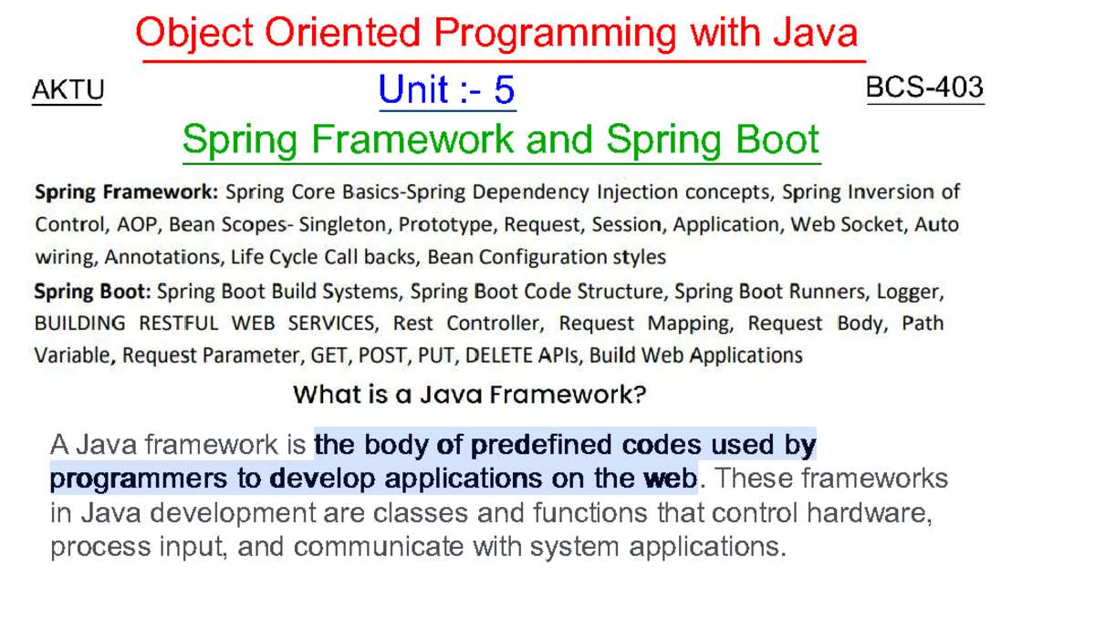 OOPS with Java: Unit 5 - Spring Framework & Spring Boot Overview - Studocu