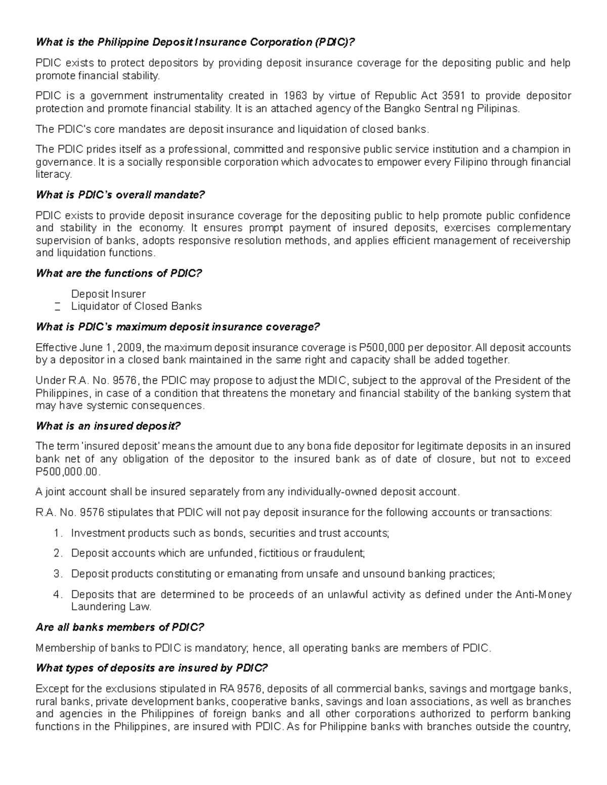 PDIC - law - What is the Philippine Deposit Insurance Corporation (PDIC ...