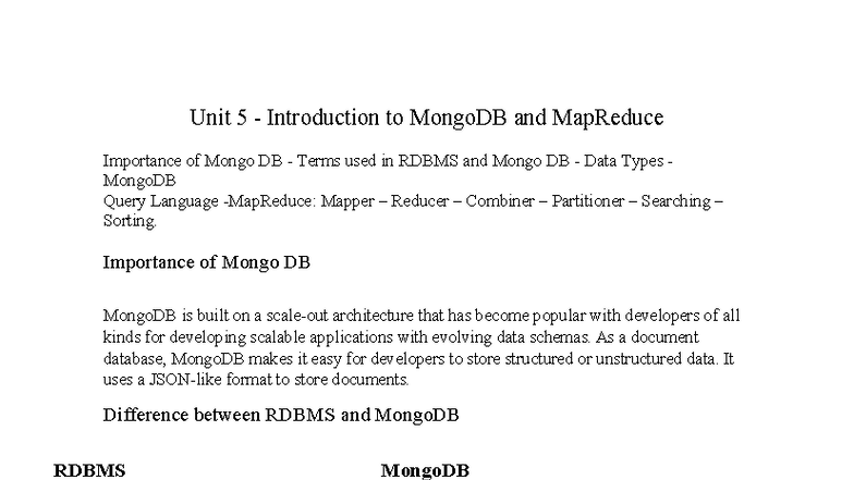 BDA-Unit 5: MongoDB & MapReduce Overview and Key Concepts - Studocu