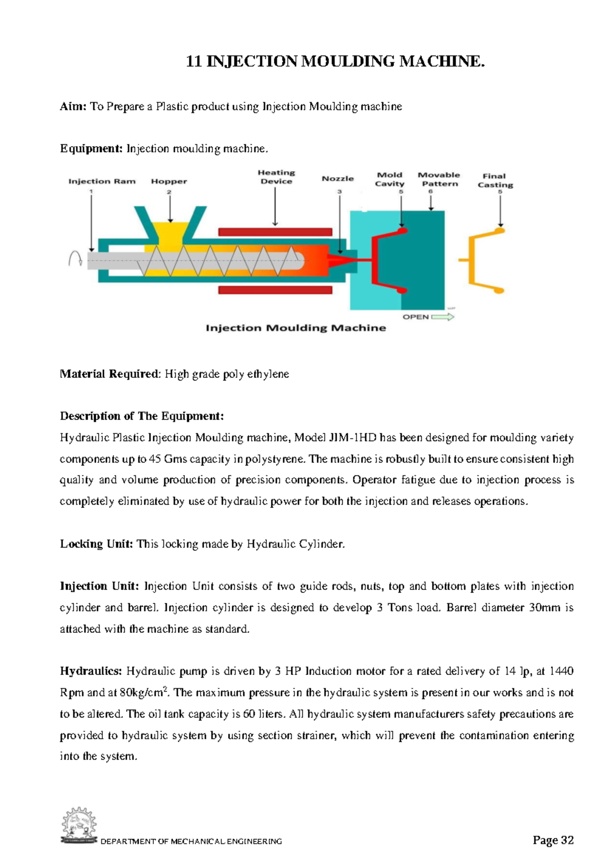 Injection moulding machine overview and operation guide - Studocu