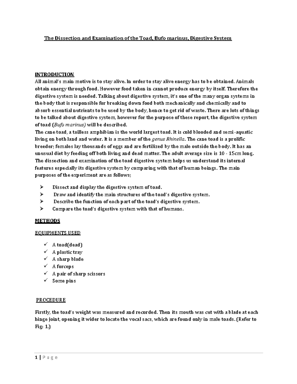 Toad Disection lab report Final - The Dissection and Examination of the ...
