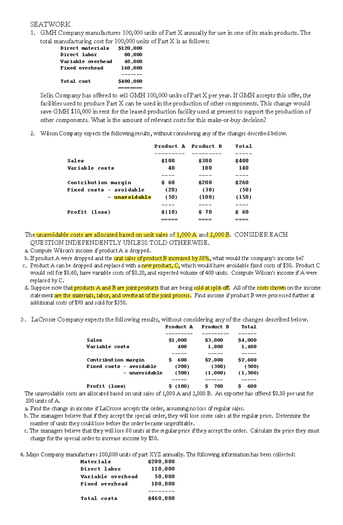Relevant Costing SW - Management Accounting - BS Accountancy - Studocu