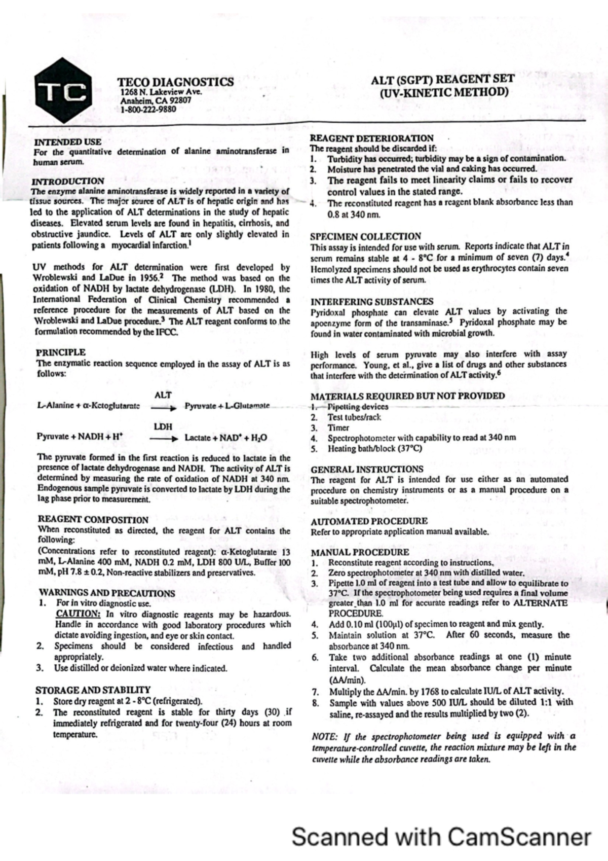 ALT- Inserts - Alt - TECO DIAGNOSTICS ALT (SGPT) REAGENT SET TC 1268 N ...