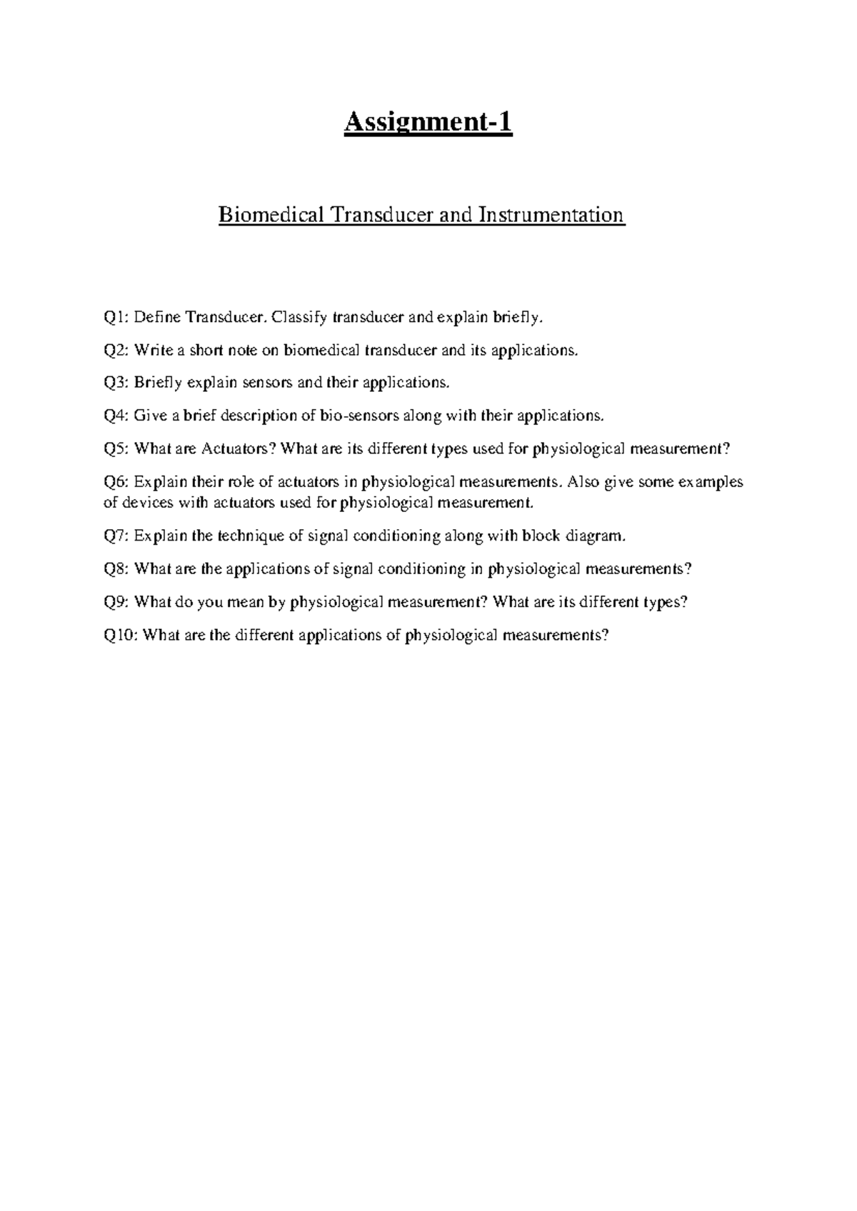 Biomedical Transducer & Instrumentation: Assignment 1 Notes - Studocu