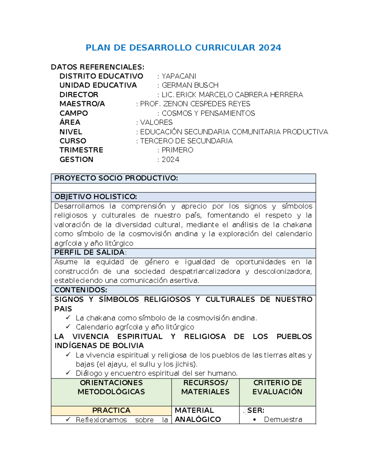 PDC 3ro SEC 1T Desarrollo Curricular: Valores y Diversidad Cultural ...