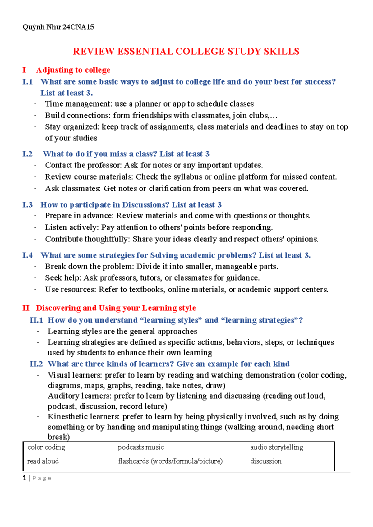 Quỳnh Như 24CNA15 Review: Essential College Study Skills Guide - Studocu