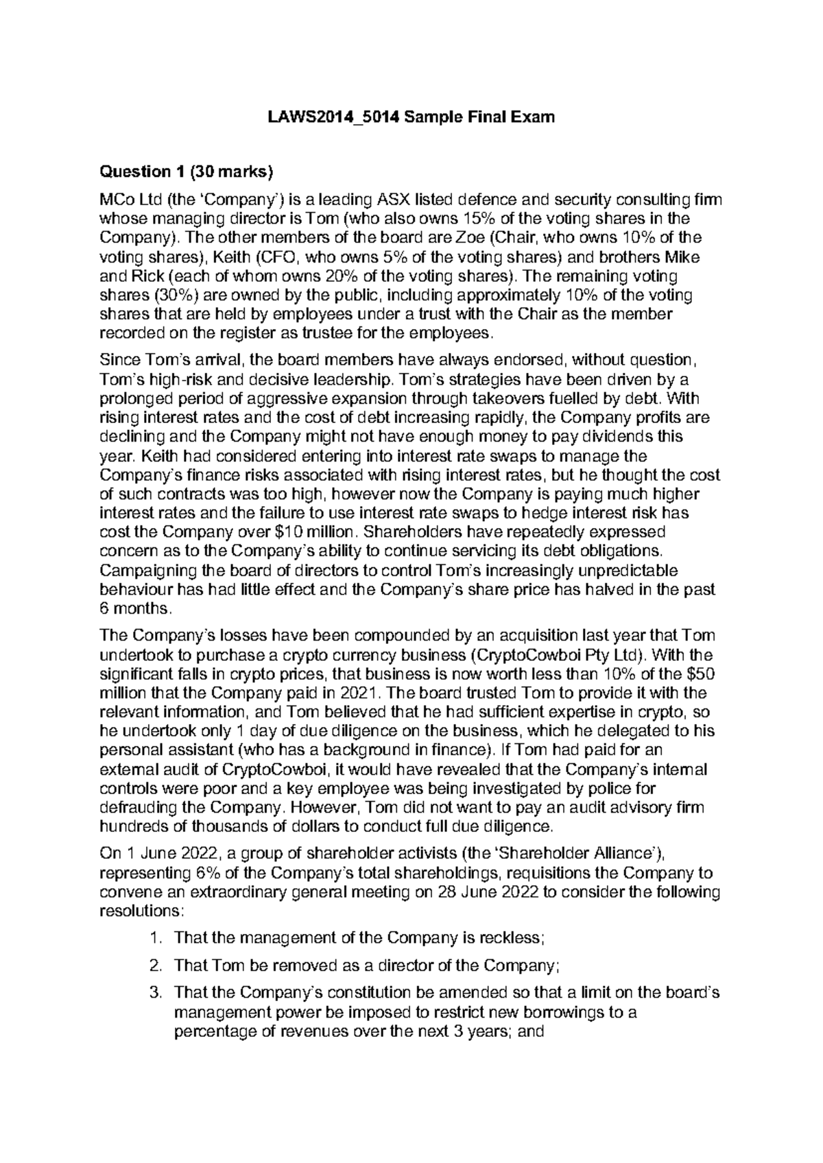 LAWS2014 5014 Sample Final Exam 2024: Company Governance Issues - Studocu