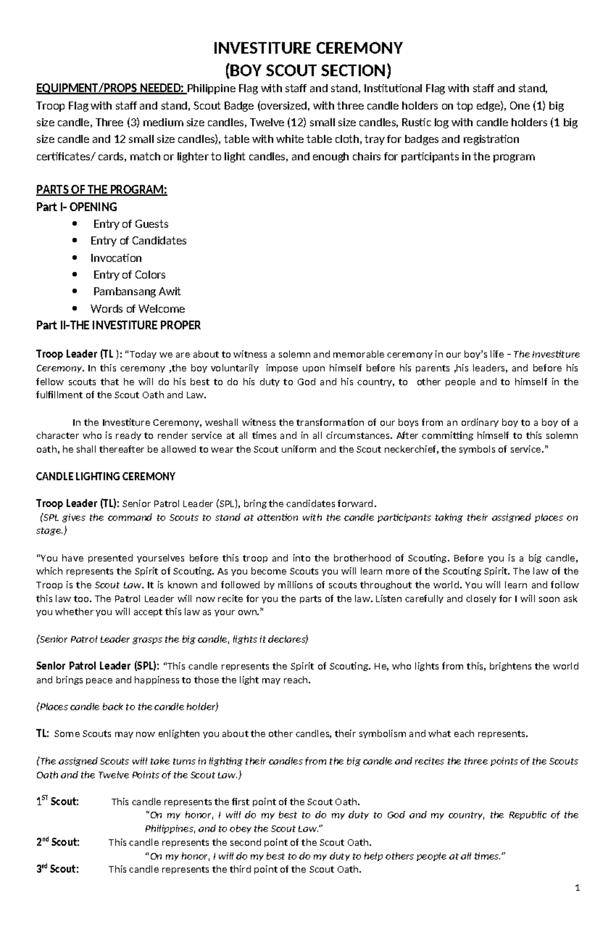 Investiture Ceremony for Boy Scout Section: Essential Guide - Studocu