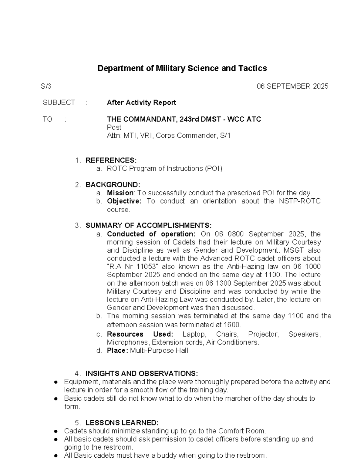 After Activity Report: Military Science & Tactics - 06 Sept 2025 - Studocu