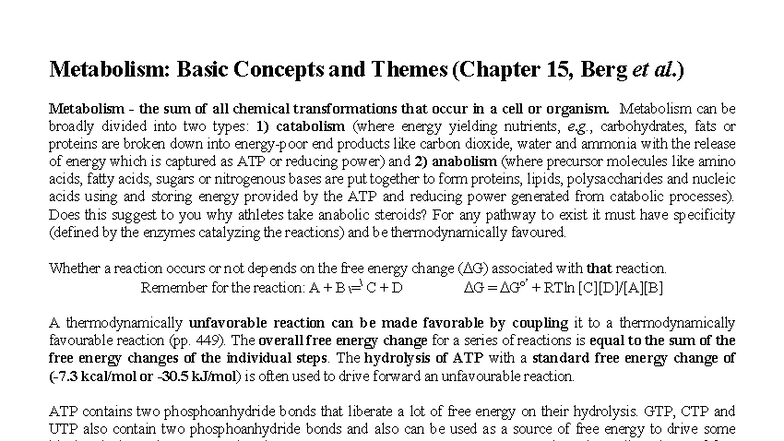 Metabolism Overview: Key Concepts from Chapter 15 (Berg et al.) - Studocu