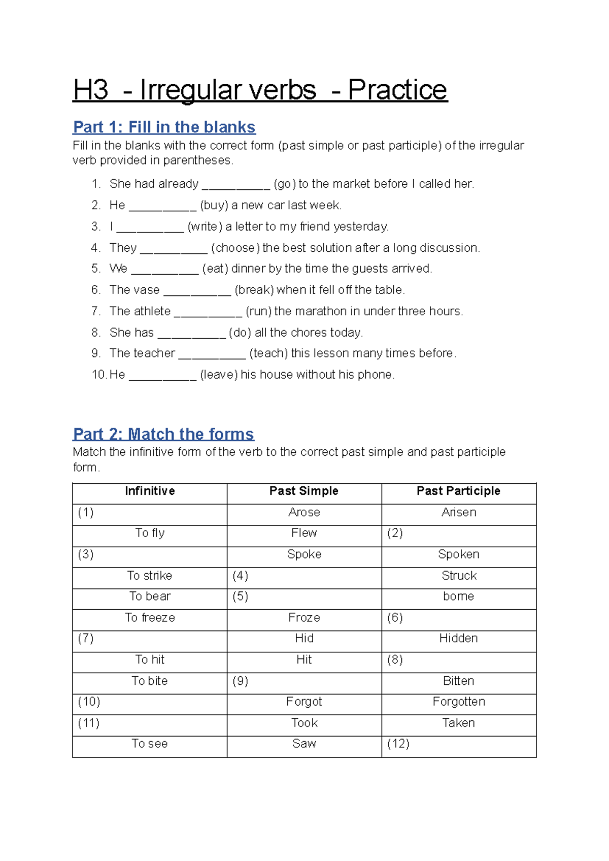 H3 Irregular Verbs Practice Exercise for English Learners - Studeersnel