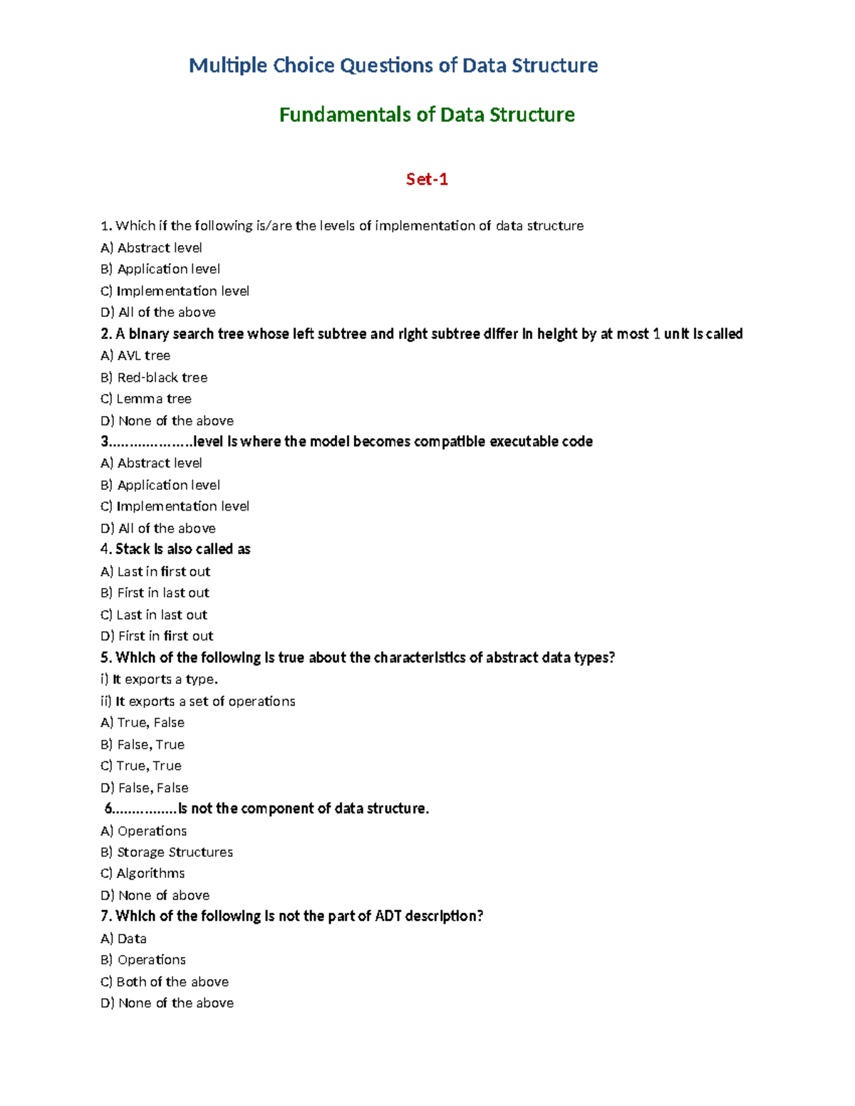 Data Structures Quiz - Key Concepts and Practice Questions - Studocu