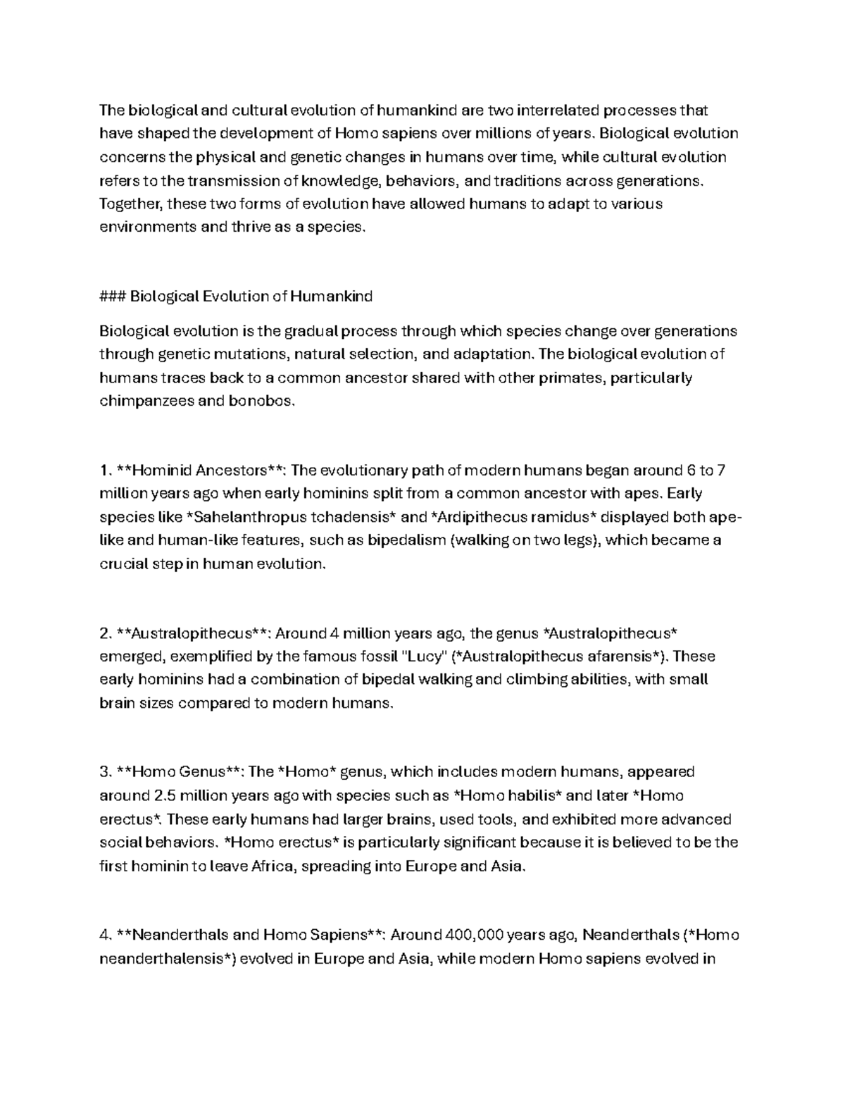 Biological and Cultural Evolution of Humankind: Key Insights - Studocu