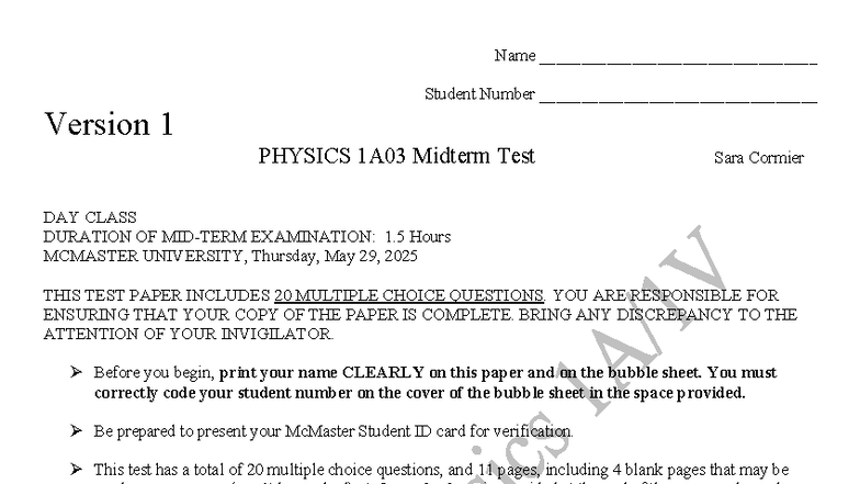 PHYSICS 1A03 Practice Midterm Test - Sara Cormier - Studocu