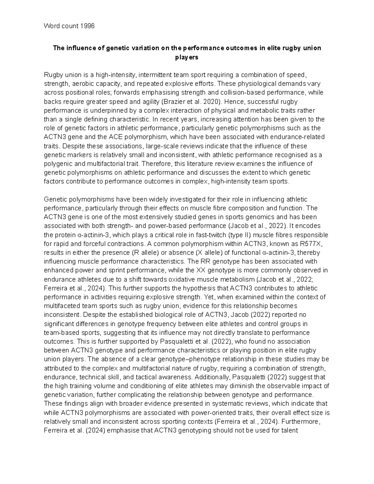 Genetic Variation and Performance in Elite Rugby Union Players: A ...