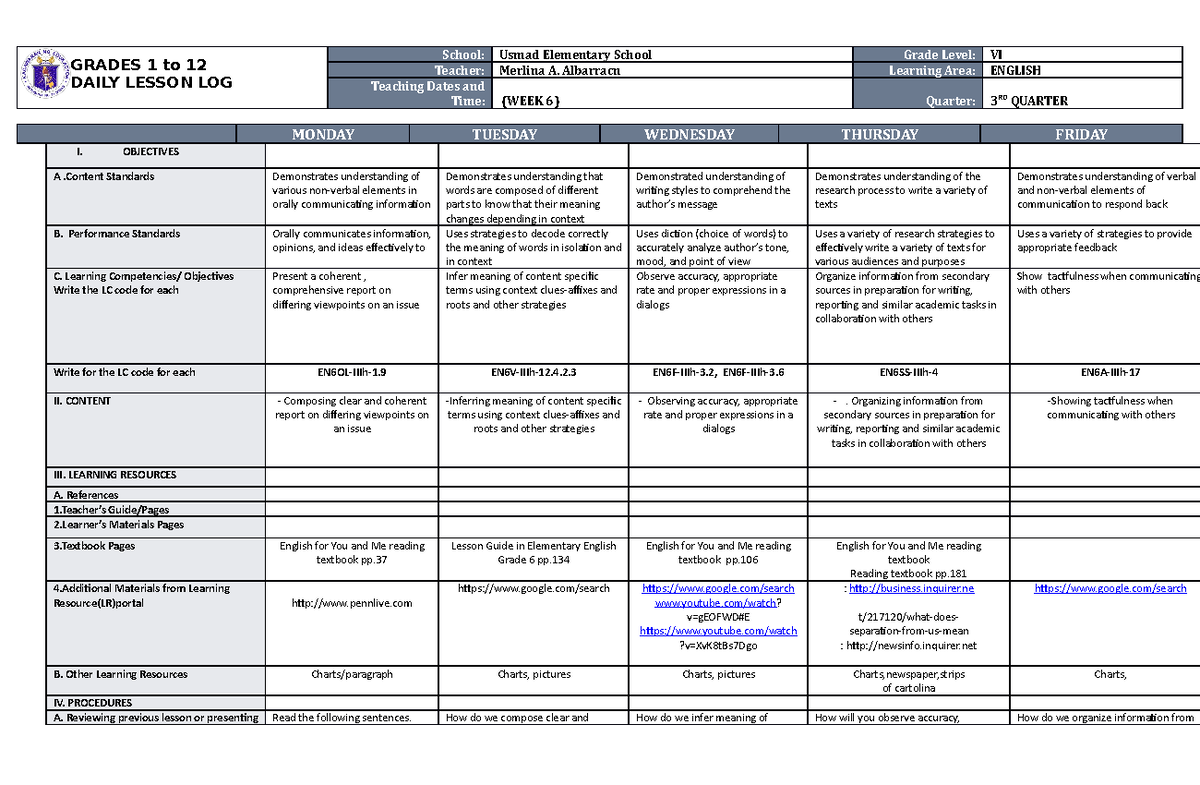 DLL English 6 Q3 Week 6 Lesson Plan and Activities - Studocu