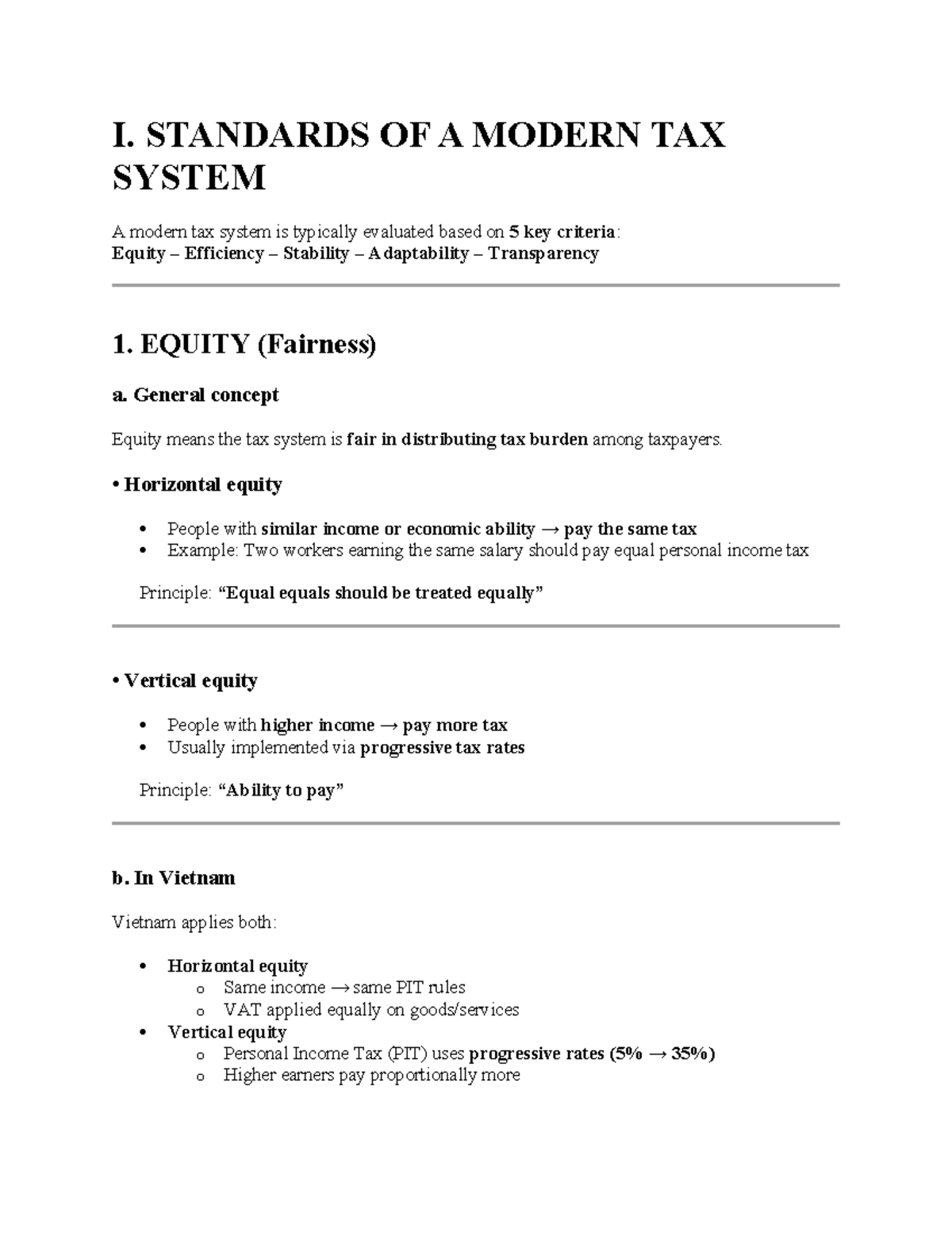 Standards of a Modern Tax System (MTS): Equity, Efficiency, Stability ...